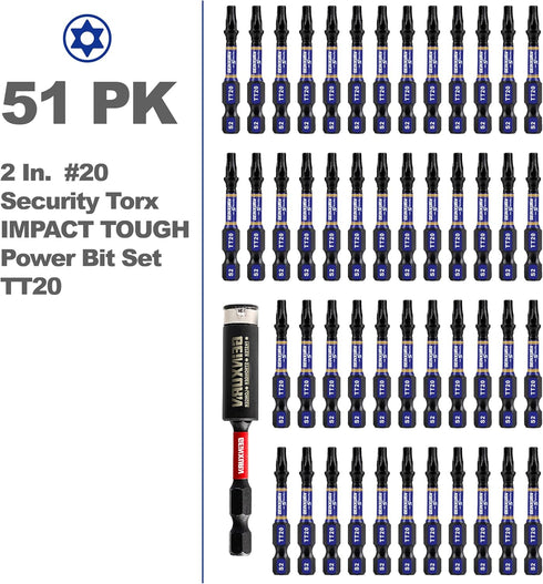 2 In. Security T20 Impact Magnetic Screwdriver Bit Set, 51Pieces #20 Torx Head Power Bit Set, S2 Alloy Steel Hollow Star Bit Set with 1Pcs Impact Bit Holder by GEINXURN