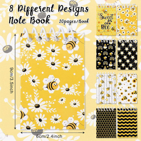 Whaline 48 Pack Bee Spiral Mini Notebook Bee Themed Memo Pads Cute Honey Bee Note Pads Handy Pocket Fun Coil Notebook for Office School Home Bee Party Supplies Note Taking, 8 Designs by Whaline