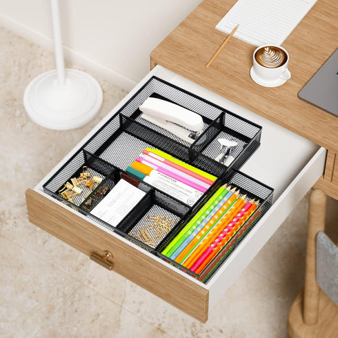 Desk Drawer Organizer with 6 Adjustable Dividers, Metal Pen Organizer for Office Supplies (Pack 4, Black)