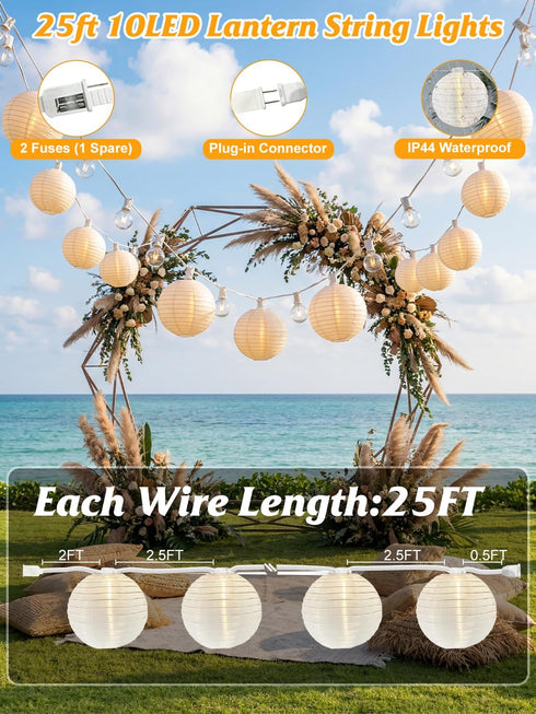 25FT Lights,10 G40 Bulbs, White Lantern String Nylon Hanging Lantern Decor with LED Waterproof Connectable Wedding