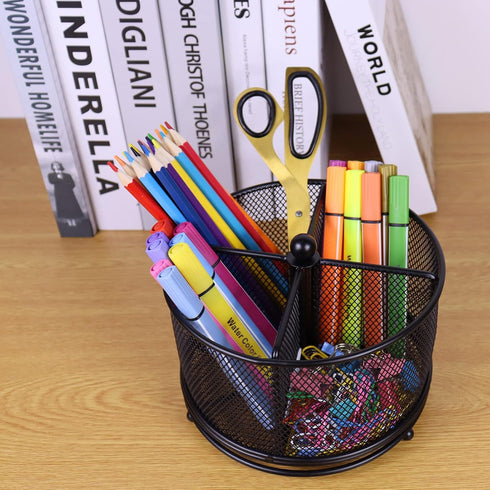 Pen Holder for Desk, 360 Rotating Mesh Organizer, Large Capacity Storage Caddy, 4 Compartments for Home Office
