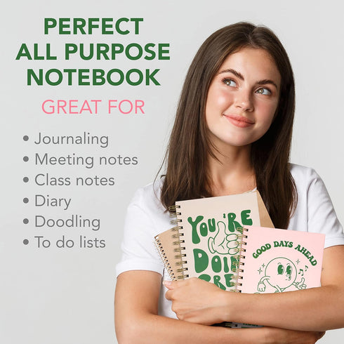 Pink Green Aesthetic Hardcover Notebooks, A5 size 5.8 x 8.3 inch, 4 Pack, Cute Spiral Journal for School, Retro