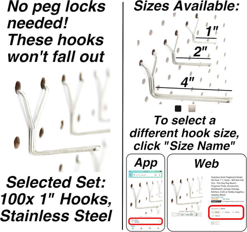 Stainless Steel Pegboard Hooks 100-Pack 1" L Hook - Will Not Fall Out, Fits Any Peg Board - Organize Tools, Accessories, Workbench, Garage Storage, Kitchen, Crafts, Jewelry, Retail by Right Arrange