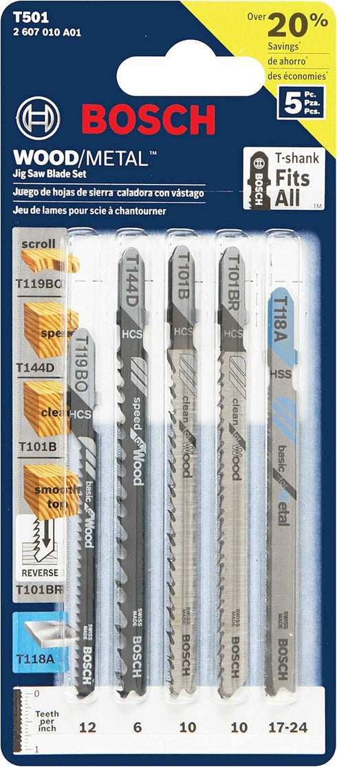 Bosch T-Shank Jig Saw Blade Set T501, 5 Pieces, 3-1/4'' - 4'', 6-24 TPI for Wood And Metal