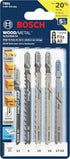 Bosch T-Shank Jig Saw Blade Set T501, 5 Pieces, 3-1/4'' - 4'', 6-24 TPI for Wood And Metal