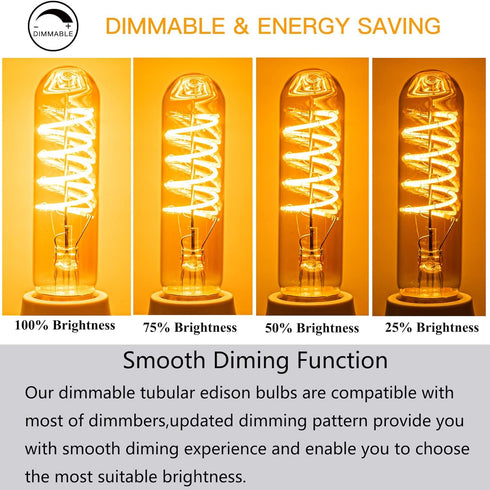 T10 LED Bulbs, 40 Watt Equivalent, 4W Dimmable Edison Tubular Light Bulb, E26 Medium Base, 2700K, 2 Pack