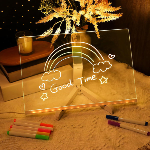 Bvdfgk LED Note Board with Colors for Kids, Acrylic Dry Erase Board with Light up Stand and 7 Highlighter Pens