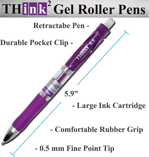 THINK2MASTER Retractable Gel Pens, 24 Pens - Purple Ink, Fine Point (0.5mm) Rollerball Pens with Comfort Grip