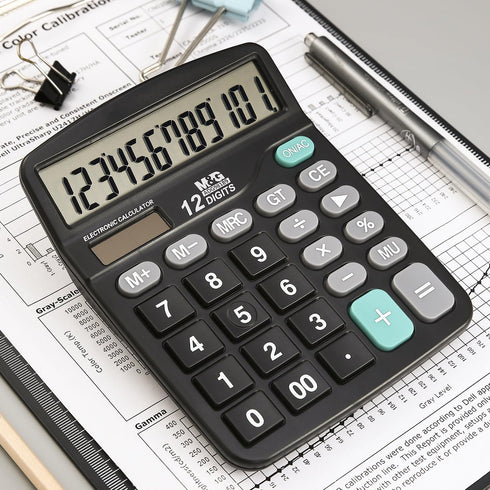 M&G 12 Digit Desk Calculator with Large LCD Display, Dual Solar Power and Battery, Big Button for Office (Black)