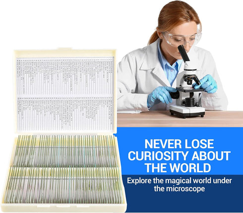 100 Prepared Microscope Slides with Specimens for Kids Adults - Biological Science Lab Samples for School Students