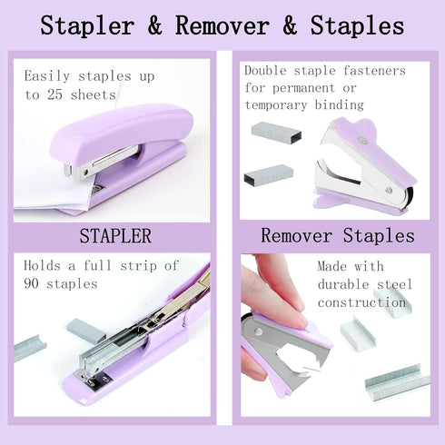 Purple Office Desk Accessories Supplies, 12-Piece Set with Desk Organizers, Tape Dispenser, Stapler, Scissors, Ruler,