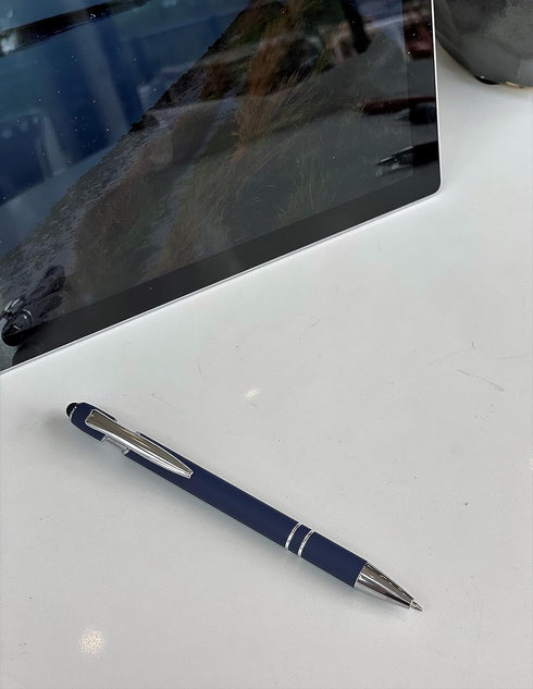 Pack of 5 Rubberized Comfort Soft Touch 2 in 1 Ballpoint Pen, Capacitive Stylus Tip, Black Ink, Dark Navy Blue