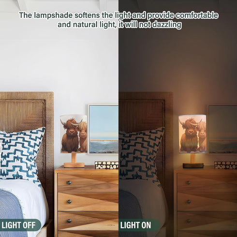 Oarencol Bedside Table Lamp Fun Highland Cow Animal Nightstand Lamp with Wood Desk Lamps for Bedroom Living Room