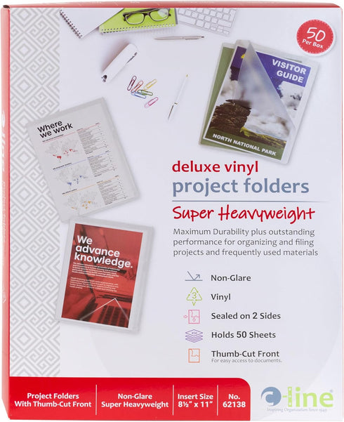 C-Line Deluxe Super Heavyweight Non-Glare Vinyl Project Folders, Letter Size, Clear, 50 per Box