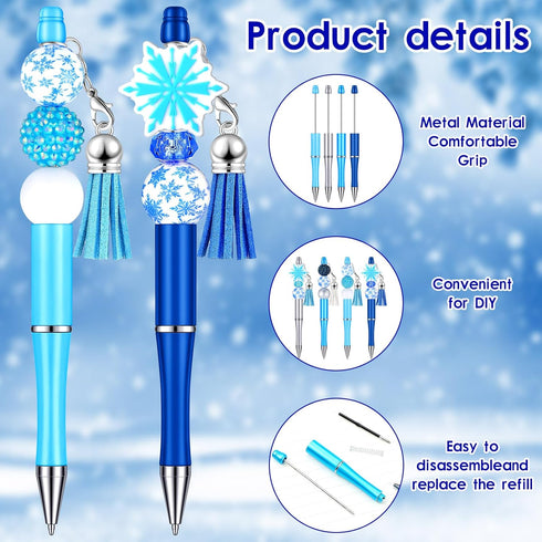 Jutom 12 Pcs Snowflake Christmas Beadable Pens Kits, Include 50 Pcs Colorful Beads, Assorted DIY Making Pens Set