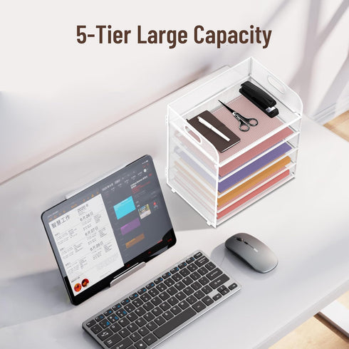 Supeasy 5 Trays Paper Organizer with Handle, Mesh Desk File Organizer, White Paper Sorter for Office, Home, or School