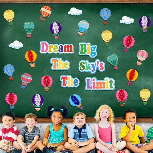 TaoBary 84 Pcs 3D Hot Air Balloon Honeycomb Bulletin Board Set with Caterpillars, Apple, Popcorn Cutouts for School