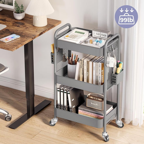 TOOLF 3 Tier Rolling Utility Cart with Wheels, Metal Storage Organizer for Bathroom and Kitchen