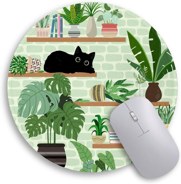 Cat Mouse Pad, Cute Small Round Travel Mousepad for Wireless Mouse - Plant Leave Mini Computer Mouse Mat