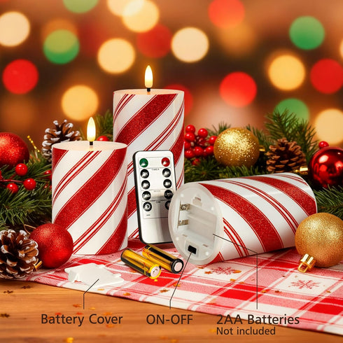 Set 3 Christmas Glitter Red Stripes LED Flameless Candles, Battery Operated Real Wax Pillar Candles with Remote