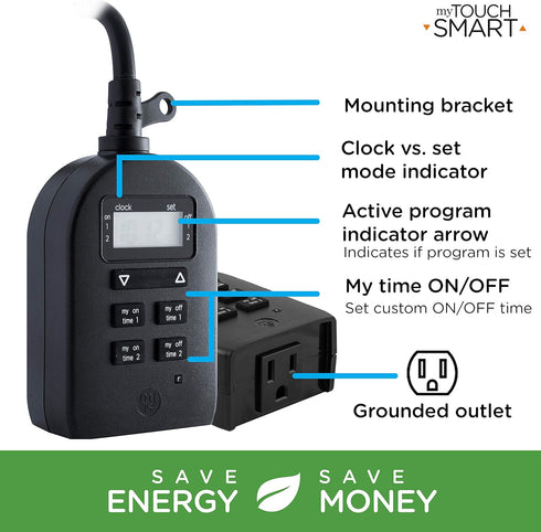 myTouchSmart Indoor/Outdoor Plug-In Digital Timer, One Grounded Outlet, Weather Resistant, 36027