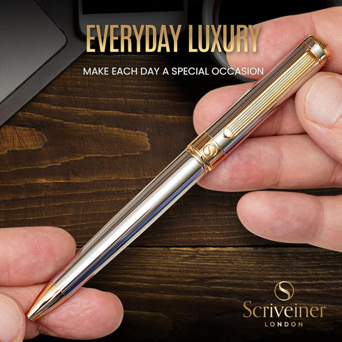 Scriveiner Silver Chrome Ballpoint Pen - Stunning Luxury Pen with 24K Gold Finish, Schmidt Black Refill, Best Gift Set