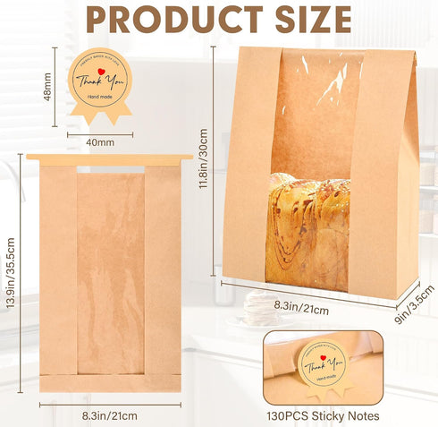 VANKUTL 120pcs 14"x8.3"x3.5" 130 Bread Bags for Homemade Bread Sourdough, Sourdough Paper With Window Sourdough Bread