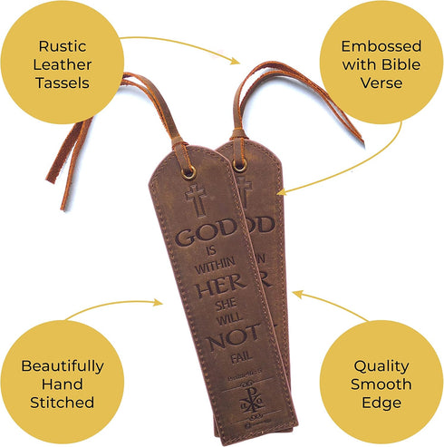 Leather Bible Bookmarks - 2 Christian Bookmarks with Inspirational Verse | Psalm 46:5 | Perfect Gifts