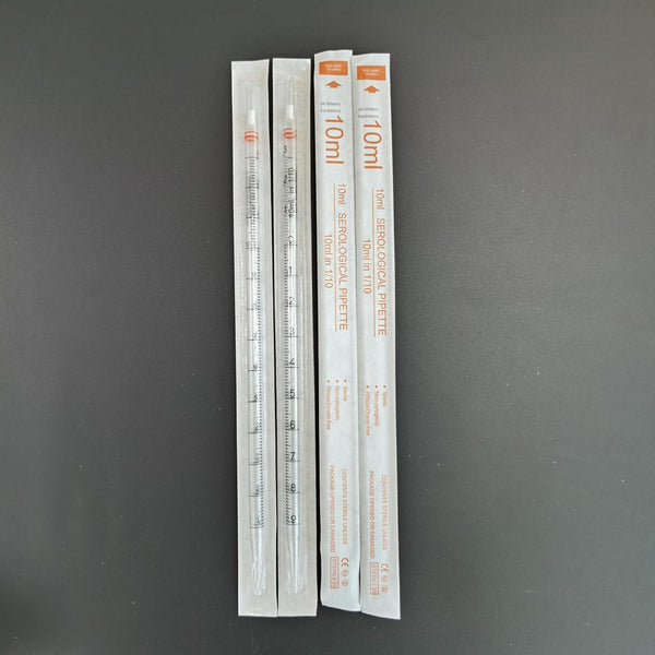 Generic 10 mL Serological Pipettes, Graduated, Drawn Tip, Orange Color Ring, Individually Wrapped,