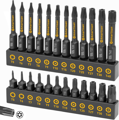 Amartisan Torx Bit Set, 24-Piece S2 Steel, Security Tamper Resistant Fastener Drive Bit, 1" & 2.3" Long T5 - T40