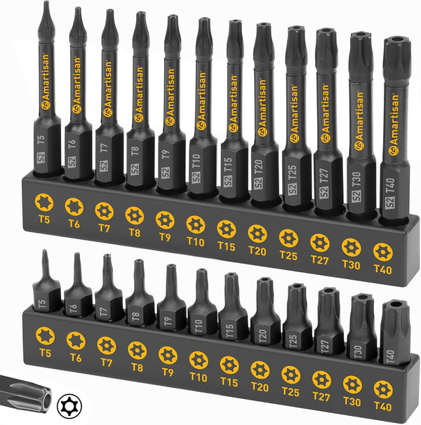 Amartisan Torx Bit Set, 24-Piece S2 Steel, Security Tamper Resistant Fastener Drive Bit, 1" & 2.3" Long T5 - T40