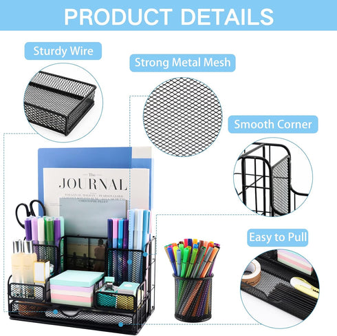 Desk Organizers Caddy with 7 Compartments + Pen Holder, Black Mesh Office Supplies Desktop Organizer