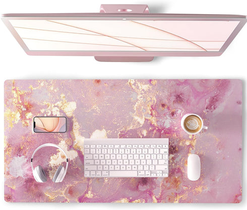 QIYI Large Mouse Pad, Cute Pink PU Leather Desk Mat, Rose Gold Marble Protector for Gaming, 31.5" x 15.7"