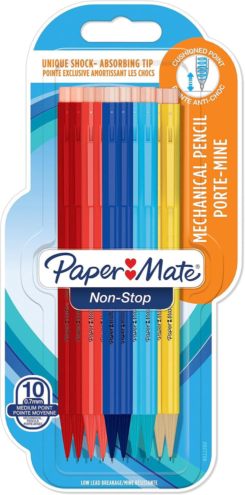 Paper Mate Non-Stop Mechanical Pencil | 0.7mm with Shock-Absorbing Tip | HB #2 | Assorted Barrel Colours, 10 Count