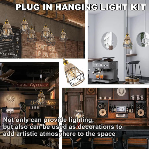 FEYAIM E26 E27 510 cm Vintage Plug in Pendant Light, Metal Pendant Lamp Kit, Hemp Rope Hanging Lamp Socket Pendants