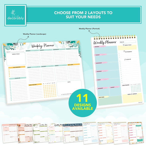 Decorably Weekly Planner Pad Landscape - Weekly Planner Notepad, 52 Easy Tear-Off Sheets Weekly To Do List Notepad, 11x8.5in Weekly Planner Sheets, To Do List Weekly, Desktop Weekly Planner Pad