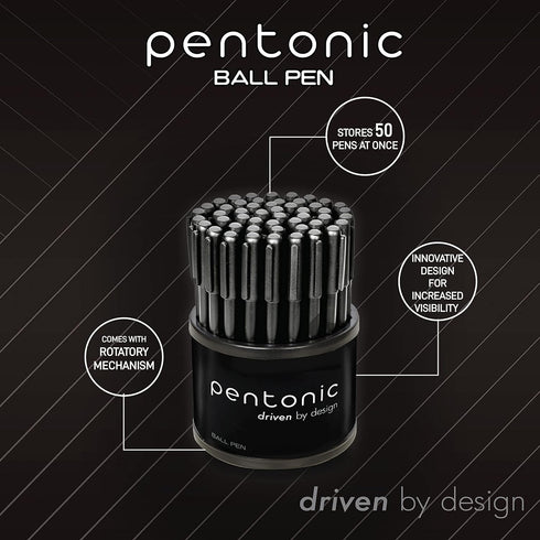 Pentonic Ballpoint Pens in Pen Organizer, Bulk 50 Count, Black Ink, 1.0 mm Medium Point for Journaling