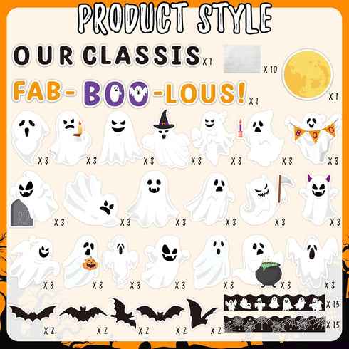 B1ykin 134Pcs Halloween Ghost Bulletin Board Decoration Set, Ghosts Patterned Paper Cutouts for Classroom and Home