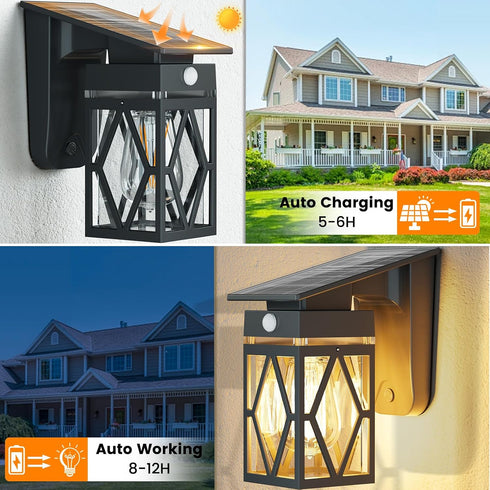 3 IP65 E26 Bulb Solar Porch Lights Outdoor, Dusk to Dawn & Motion Sensor Solar Wall Light with Lantern Shape, Modes