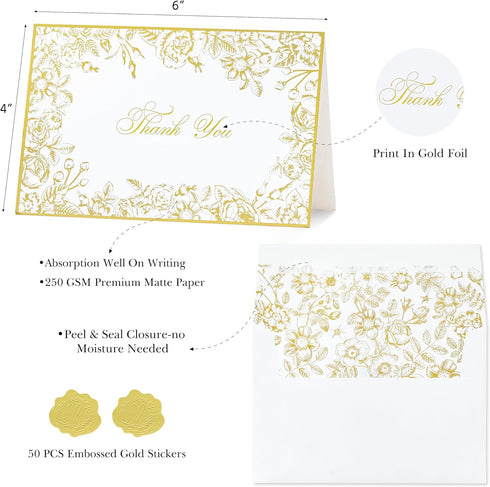 50 Pack 4x6 Inches ponatia Floral Thank You Cards With Envelopes, Gold Foil Greeting Notes with Envelopes & Stickers
