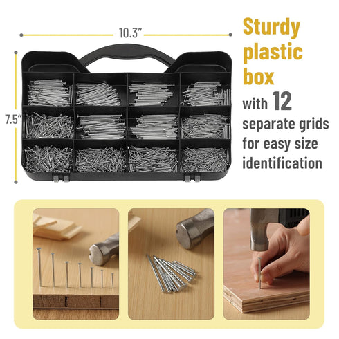 Mr. Pen Nail Assortment Kit, 1500 Pcs, Assorted Sizes Brad Head and Flat Head Nails for Hanging Pictures