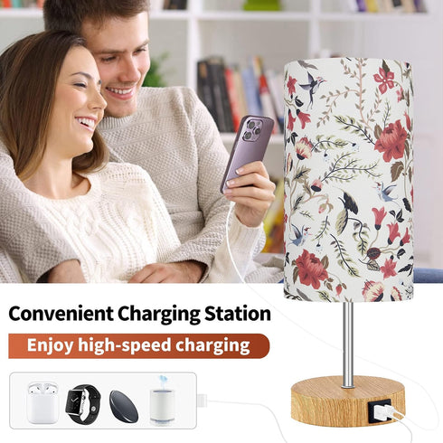 2 3-Way Dimmable Bulb Bedside Touch Lamp, Wood Small Table lamp with USB Charging Ports & Flower Fabric Shade