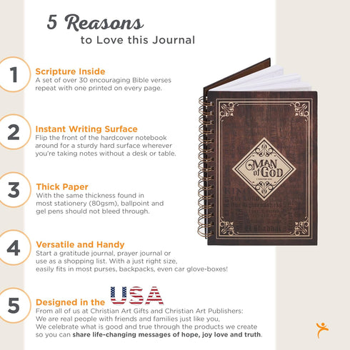 Christian Art Gifts Journal w/Scripture Man of God 1 Timothy 6:11 Bible Verse Names of God Brown 192 Ruled Pages, Large Hardcover Notebook, Wire Bound