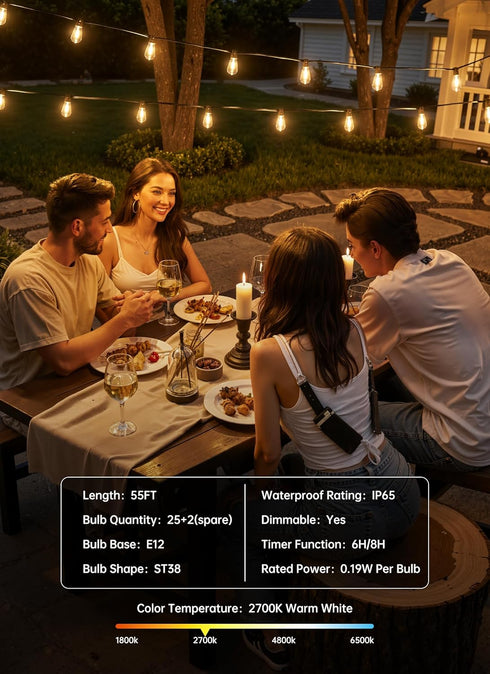 55FT 25+2 ST38 Bulbs, 3 Dimmable 2700K Minetom Outdoor String Lights with Remote, Shatterproof LED Waterproof Patio