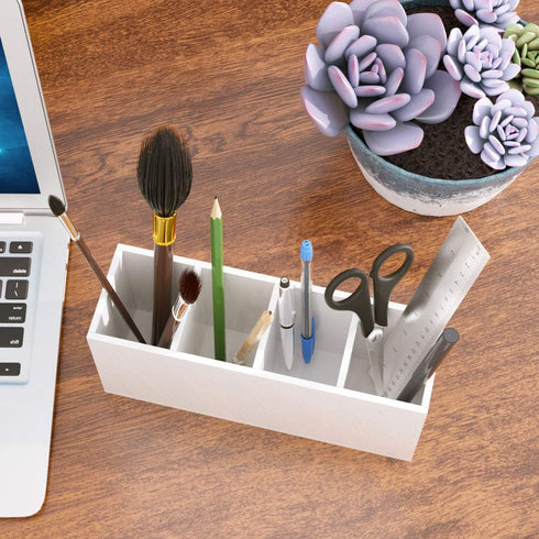 NIUBEE Acrylic Pen Holder 4 Compartments, White Pencil Organizer Cup for Countertop Desk Storage