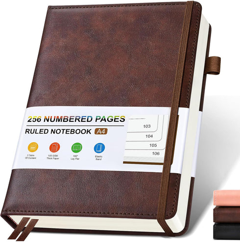 Lined Leather Journal Notebook for Men Women, 256 Numbered Pages, A4 Journaling Notebooks for Writing, Brown