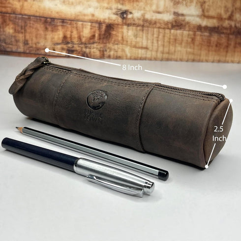 Full Grain Leather Zippered Pencil Case - Rustic Town Pen Holder for Office Use