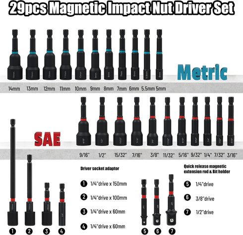 29-Piece Set, 1/4" Magnetic Nut Driver Impact Drill Driver Bits Hex Shank, SAE & Metric Cr-V Steel, Quick Release
