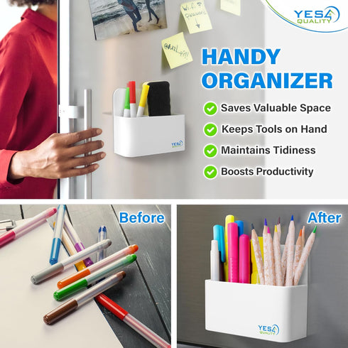 YES4QUALITY Magnetic Pen Holder - Strong Magnetic Back & 2 Compartments for Dry Erase Marker, Whiteboard, Fridge