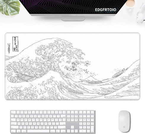 Black and White Large Mouse Pad, Japanese Sea Wave White Desk Pad for Keyboard and Mouse, Non-Slip Rubber Edge